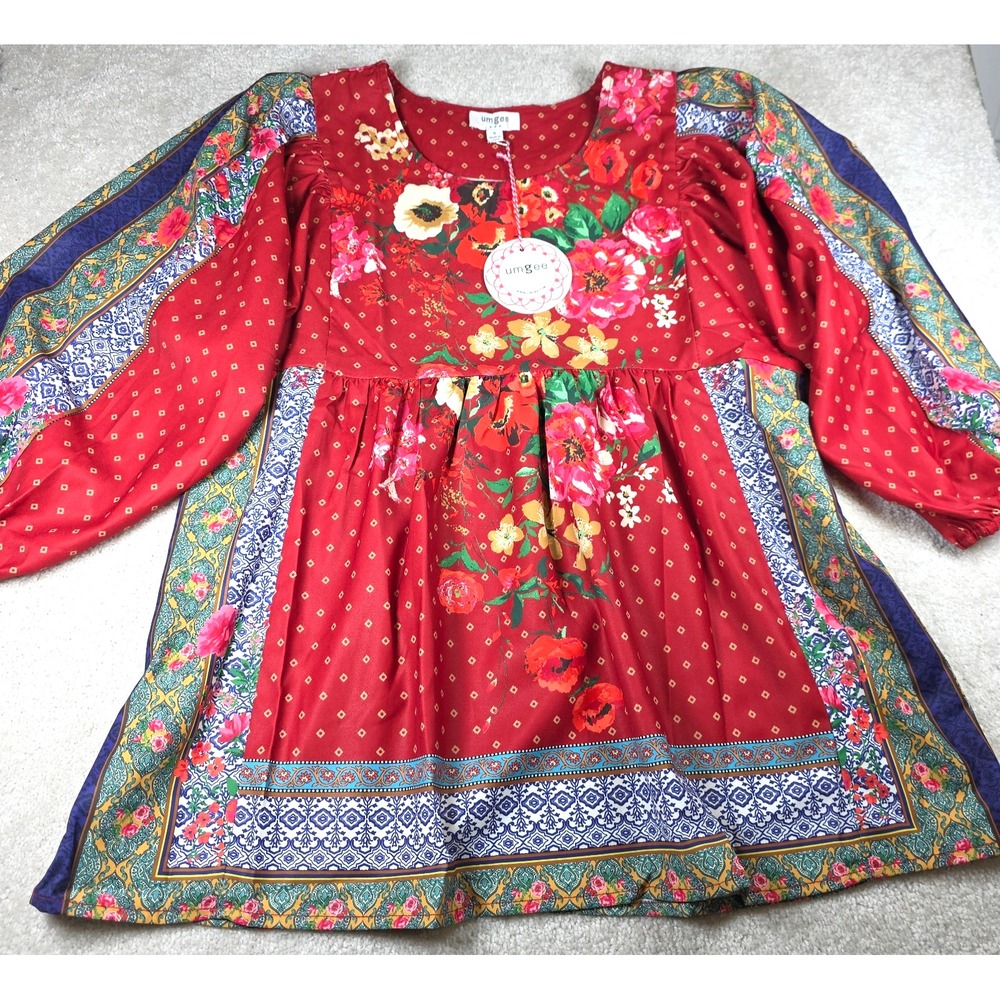 Umgee Floral Paisley Babydoll Top Womens Small Red Puff Sleeve Empire Waist Boho